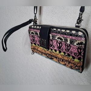 Sakroots Crossbody Bag in Pink and Orange with Eclectic Patterns